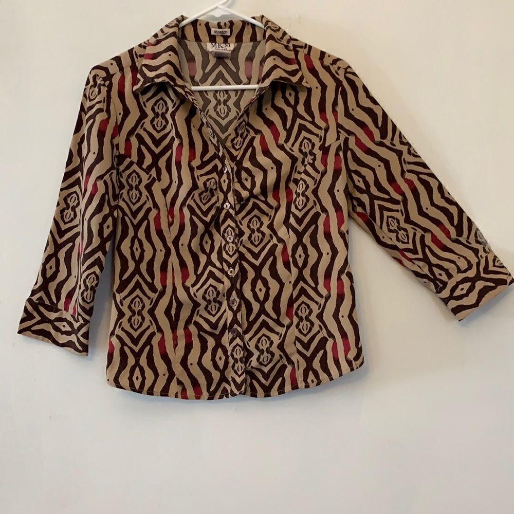 MKM Designs long sleeve tribal print blouse. Collar. V neck. Size S Length 22”